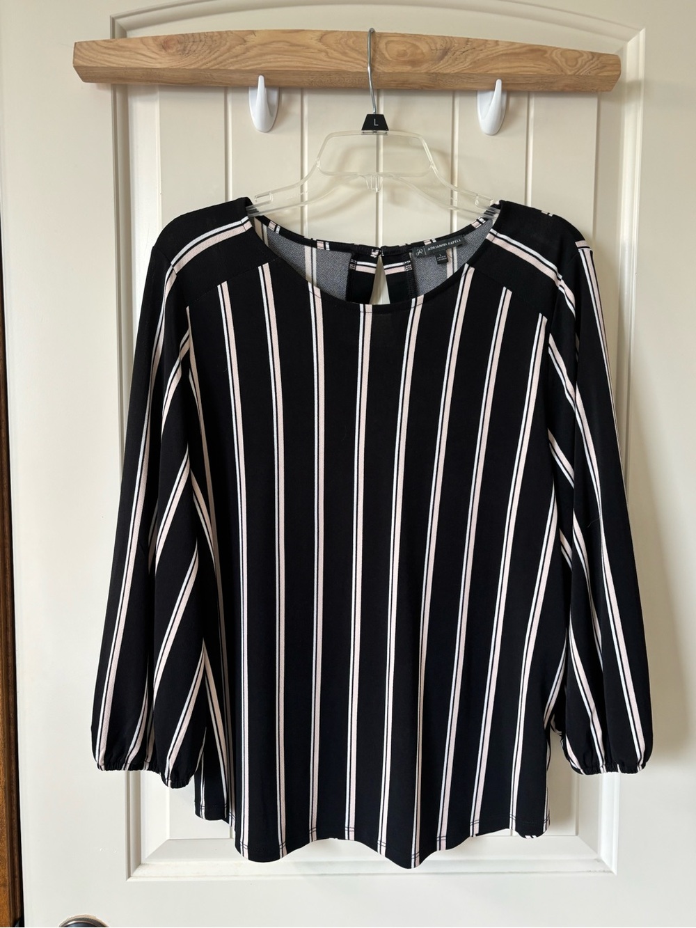 Worn once! Adrianna Papell Black and White Striped Top with Pale Pink Accents